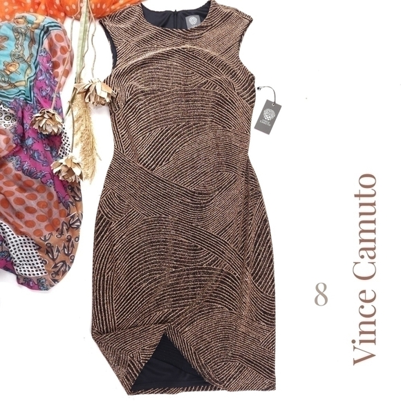 Vince Camuto Gold Black Shimmer Sheath Dress NWT Sz 8 - Picture 1 of 14
